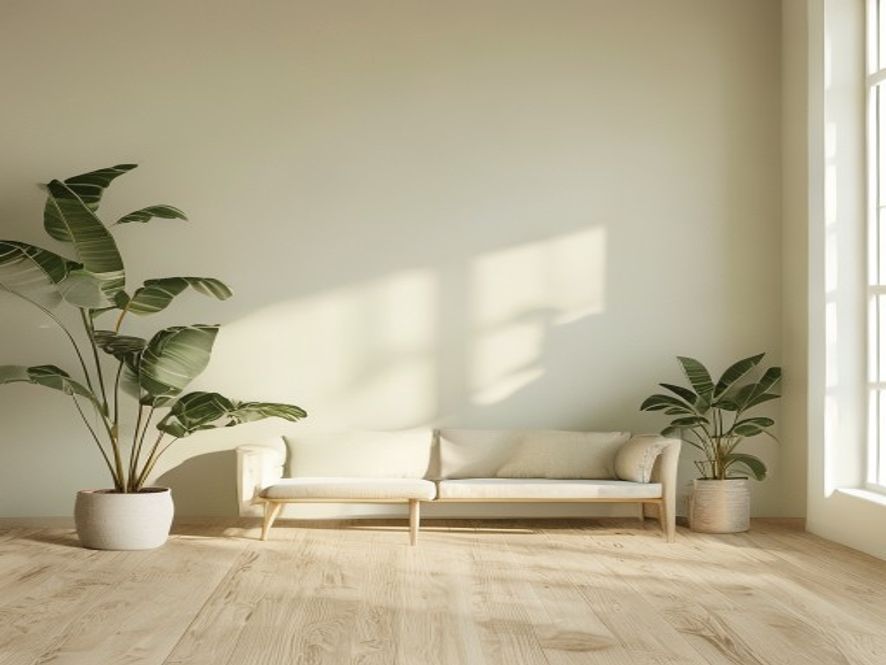Lyst, minimalistisk kontorlokale med planter, skrivebord med notesbog og computer